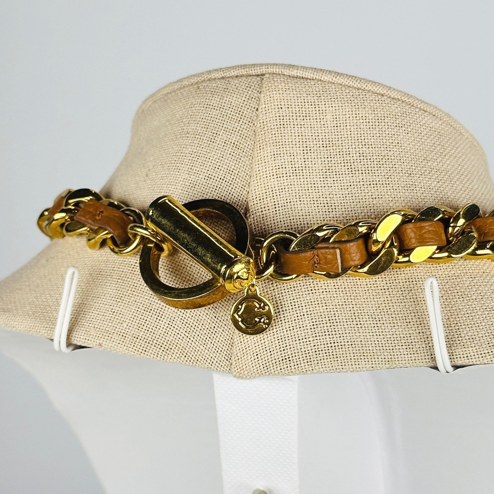 Classic Coach Gold Brown Leather Chain Choker Toggle Necklace Vintage Logo Charm - Picture 4 of 4